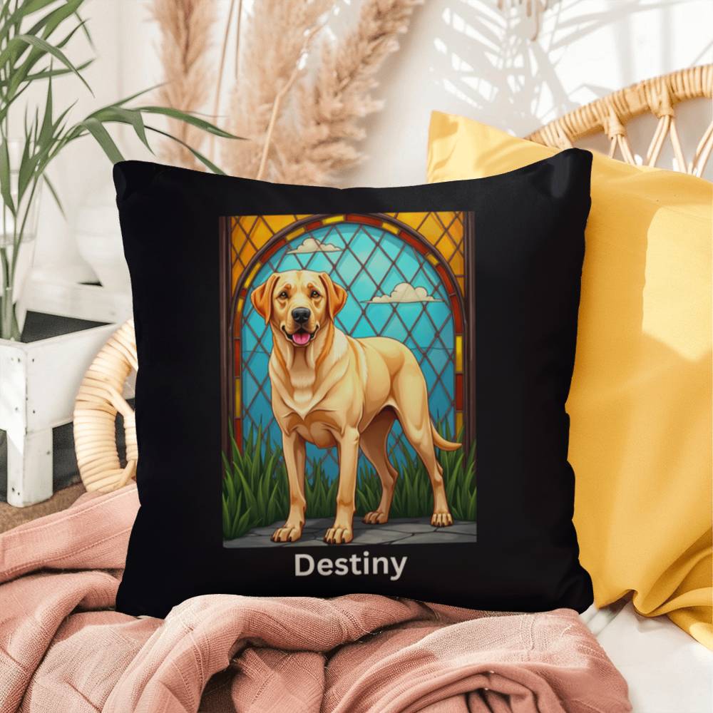 Yellow Labrador Retriever Pillow, personalized stained glass art for home or patio décor