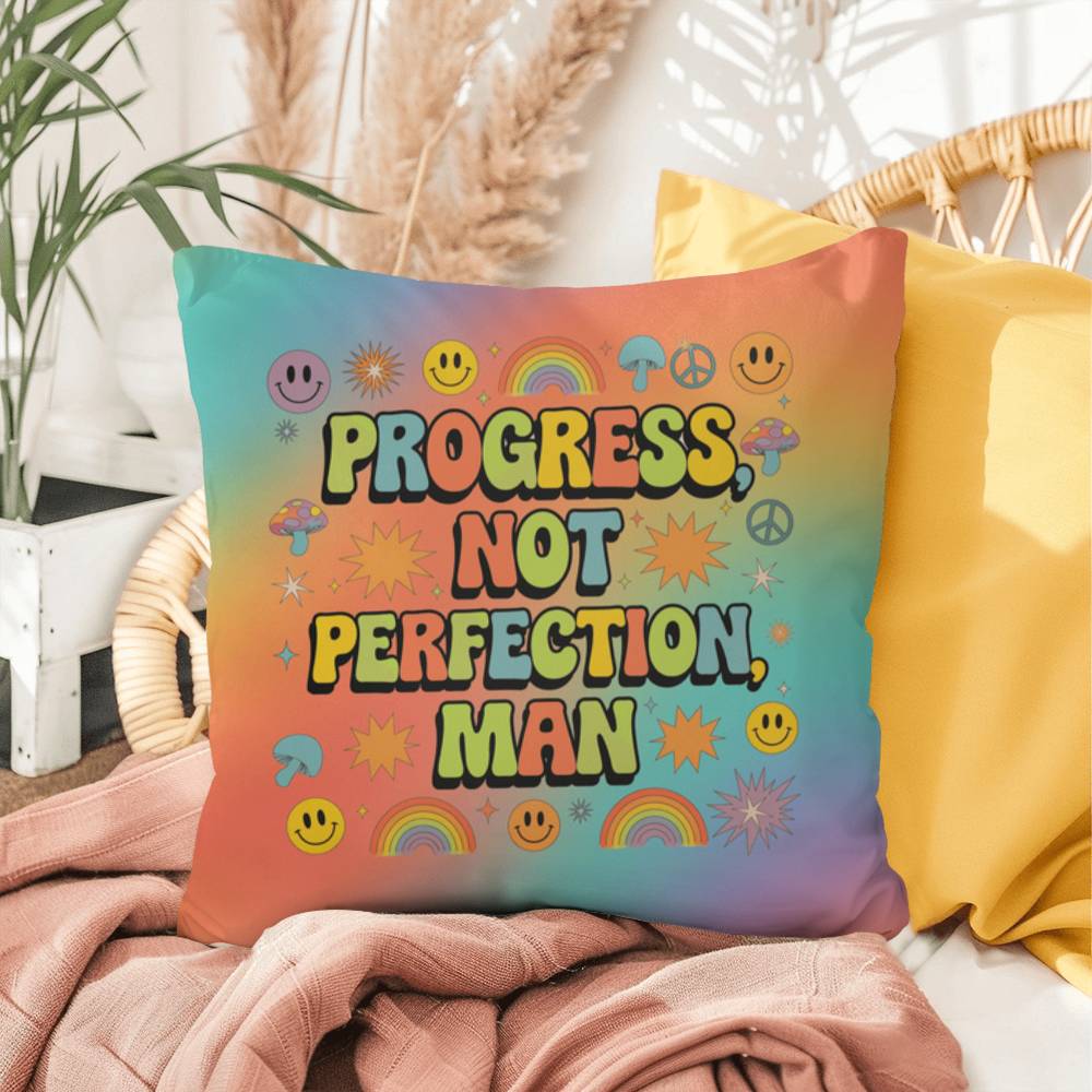 Progress Not Perfection man pillow, indoor outdoor encouragement and retro growth support - MySisterIsASurvivor
