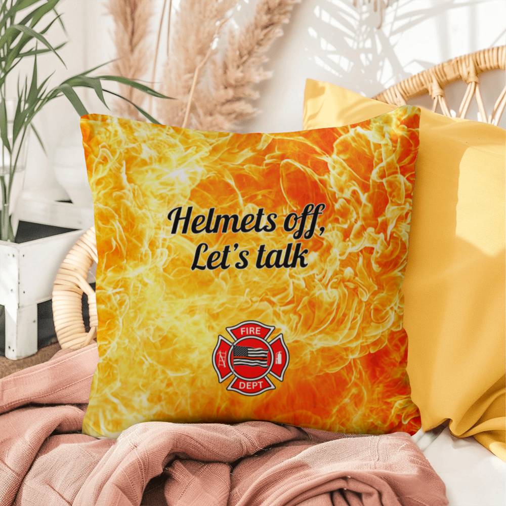 Custom pillow encouraging first responders to take off their helmets and talk about mental health, fostering important conversations.