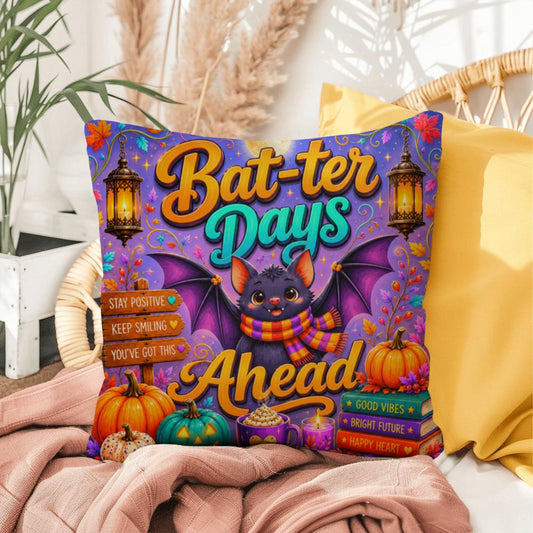 Bat-ter Days Ahead quote with cheerful bat artwork on a colorful Halloween throw pillow with uplifting fall vibes