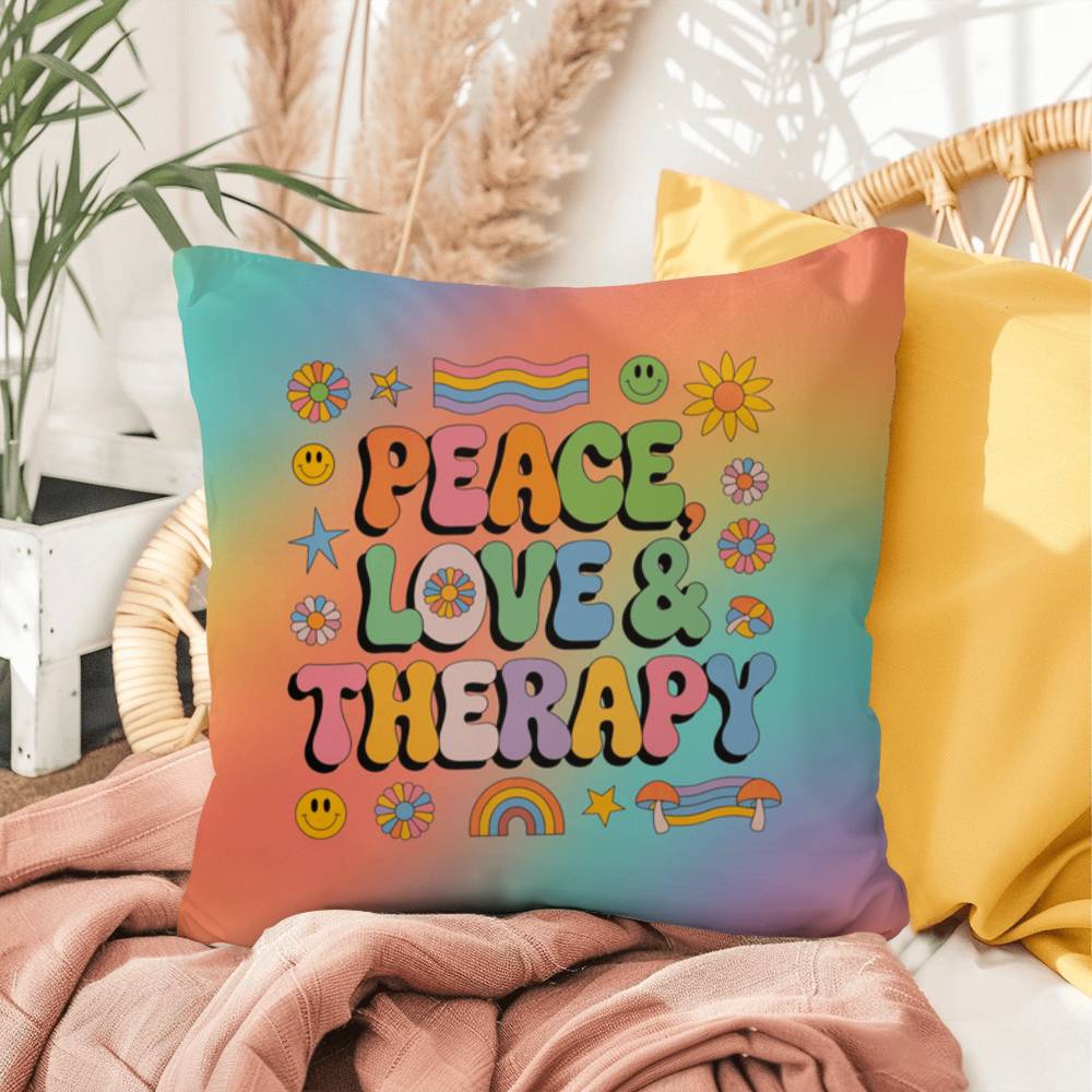 Custom 70s pillow with “Peace, Love & Therapy” in warm vintage colors, great for therapy rooms and healing conversations