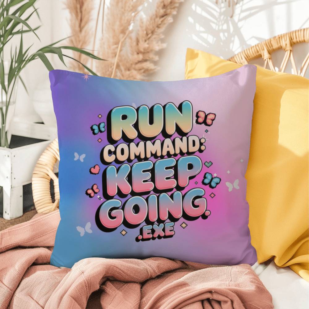 Personalized digital-themed pillow reading "Run Command: Keep Going.exe" in vibrant Y2K design, perfect for motivation and mental strength
