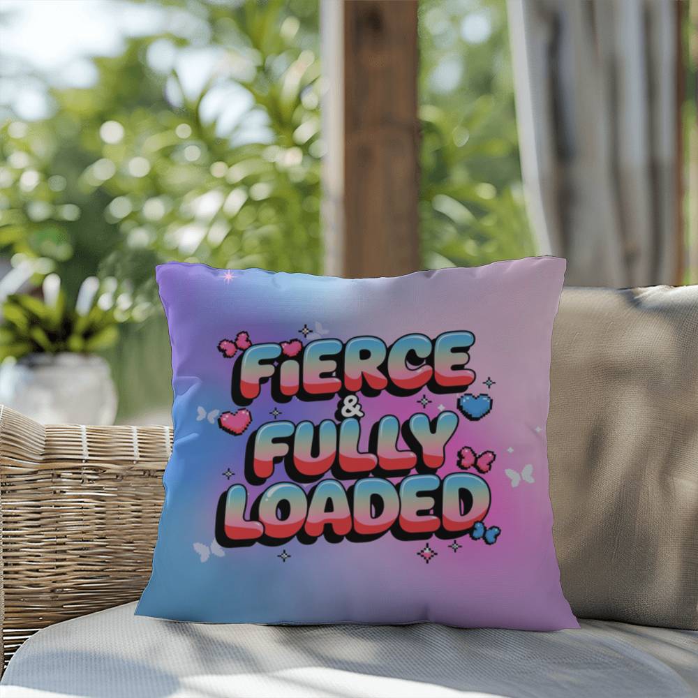 Fierce & Fully Loaded Y2K throw pillow with custom name in bold, futuristic chrome text for empowered self-care vibes
