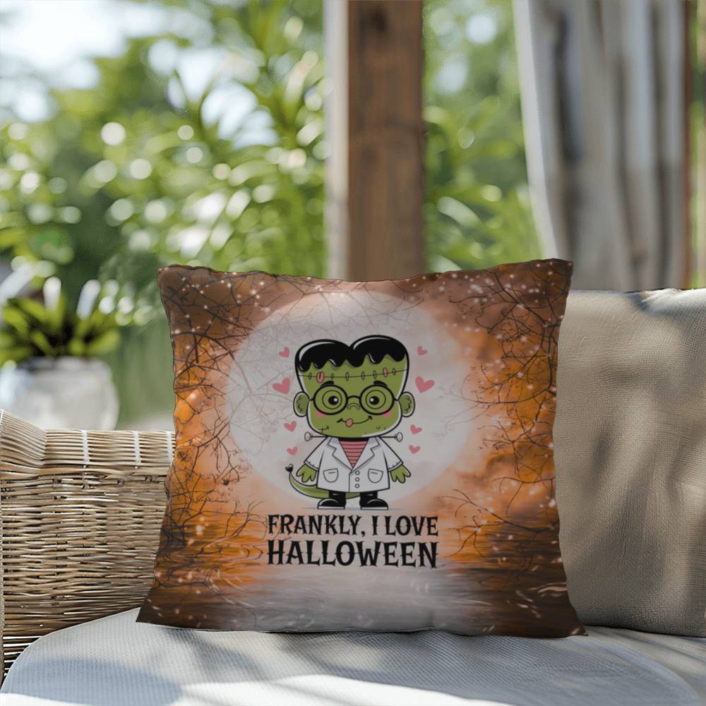 Frankenstein-inspired indoor/outdoor Halloween pillow with “Frankly I Love Halloween”