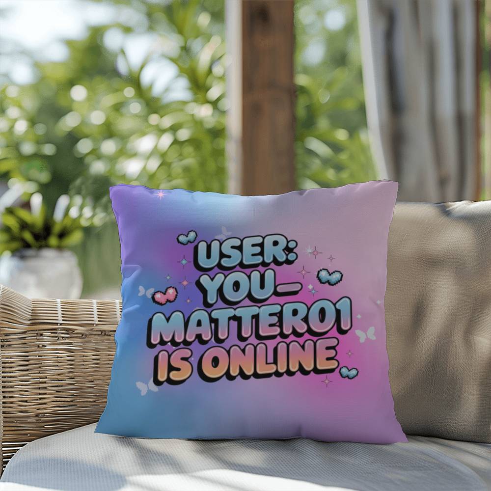 Retro tech pillow reading "User: You_Matter01 is Online" with a customizable username and vibrant Gen Z color scheme
