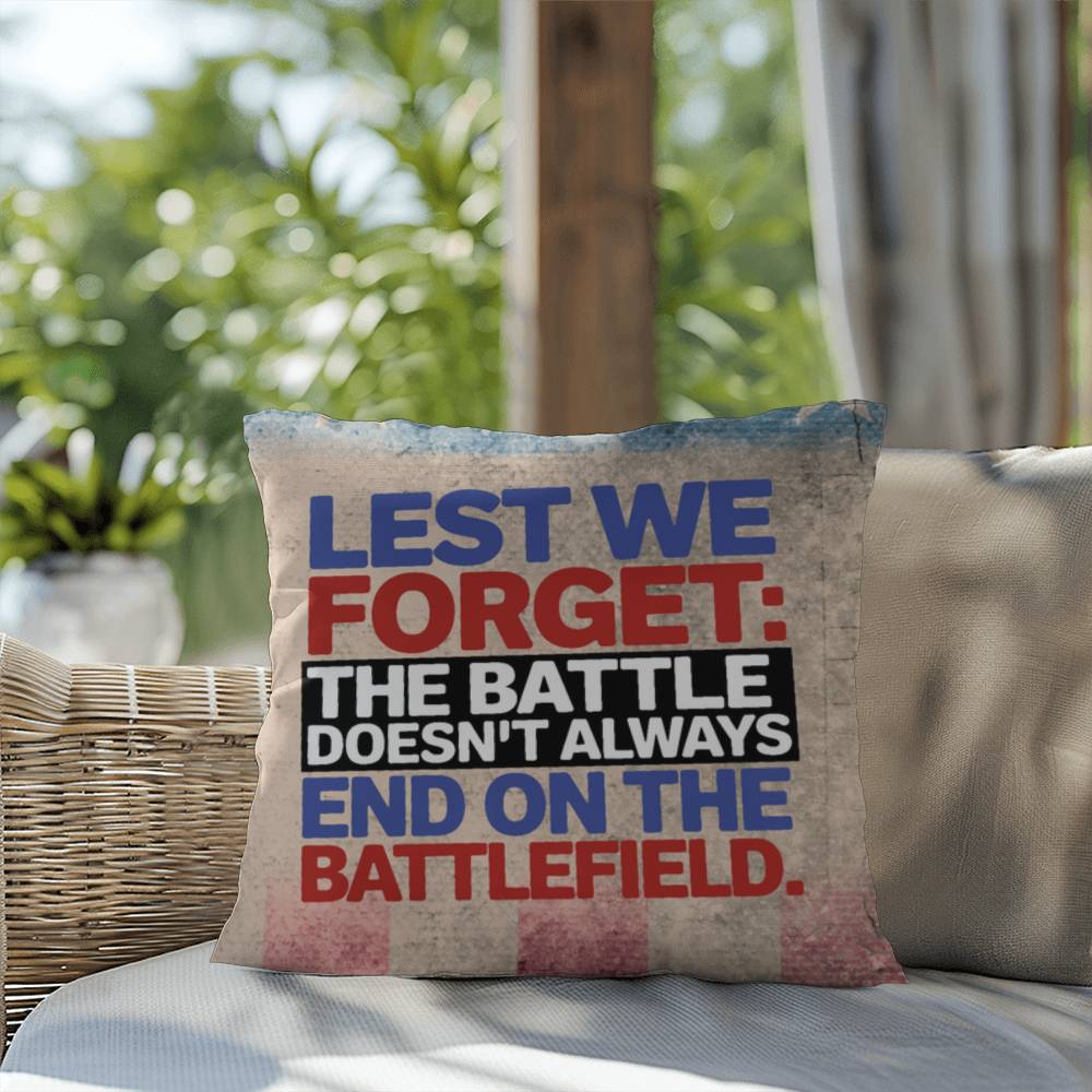 Lest We Forget custom military remembrance pillow for PTSD support, Memorial Day tribute, and honoring veteran service