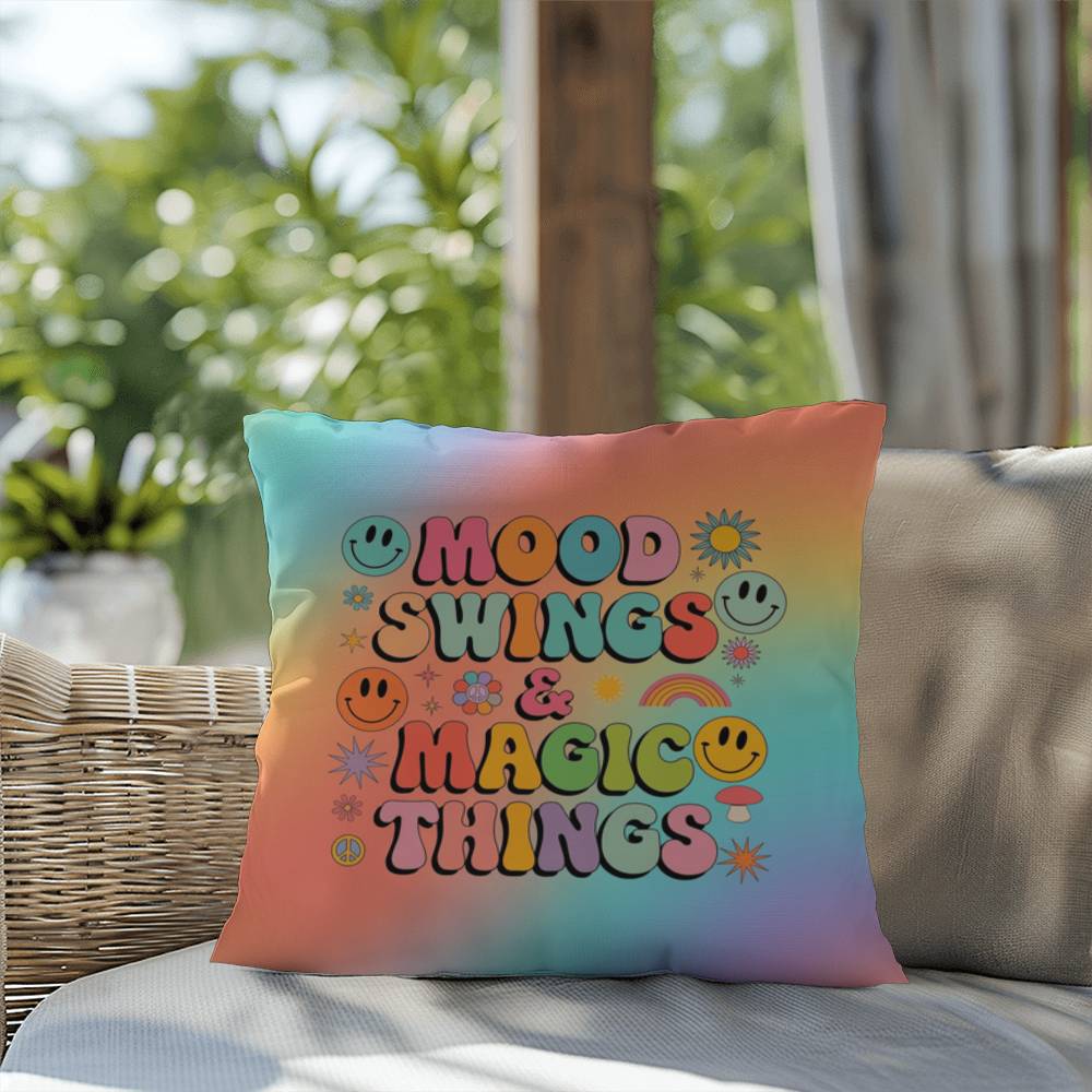 Custom affirmation pillow with “Mood Swings & Magic Things” in playful font and bright retro tones for whimsical emotional support