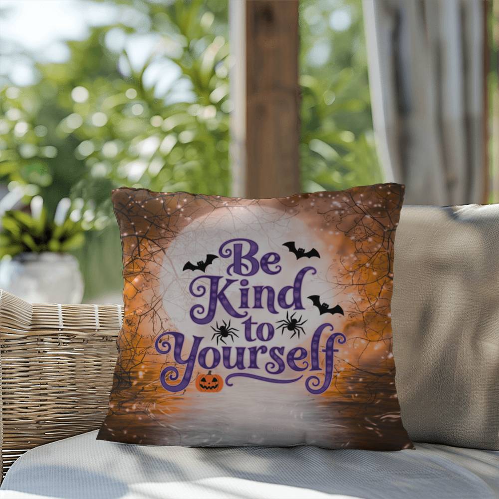 Inspirational Halloween indoor/outdoor pillow featuring “Be Kind To Yourself” for self-care and positivity