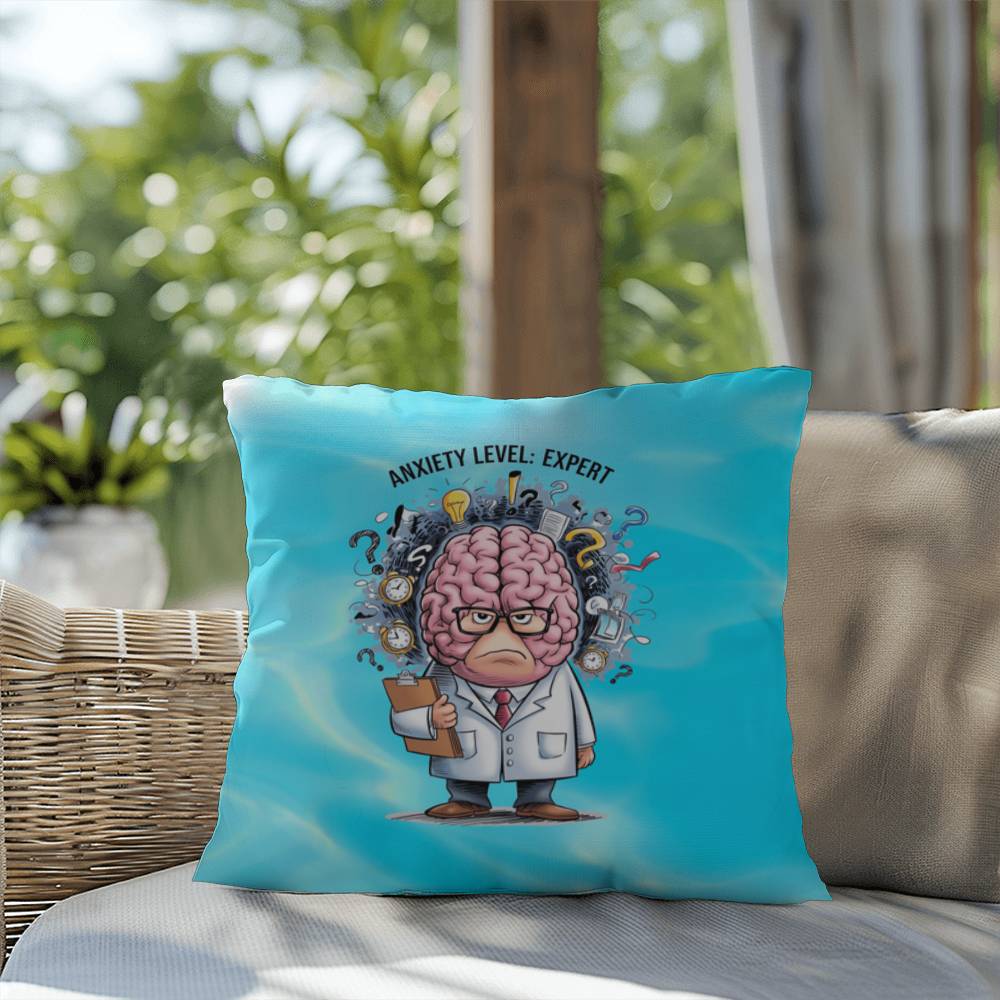 Personalized "Anxiety Level: Expert" indoor/outdoor pillow, mental health decor cushion for self-care and anxiety relief.