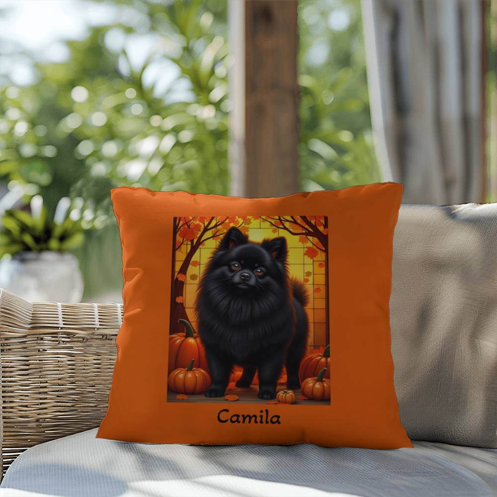Black Pomeranian indoor outdoor pillow, custom dog cushion, cozy pet accent gift for dog lovers