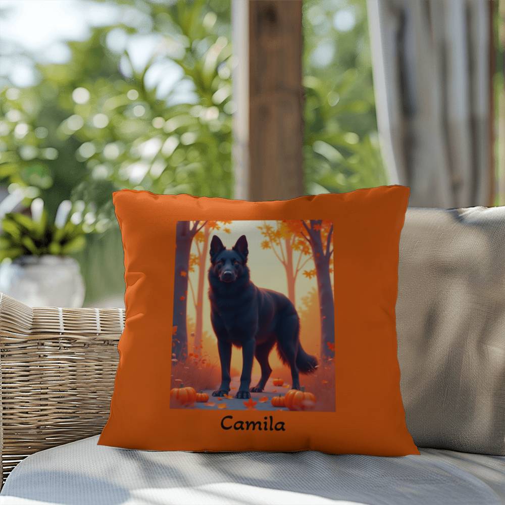 Black German Shepherd pillow, personalized indoor outdoor dog cushion, water-resistant GSD decor - MySisterIsASurvivor