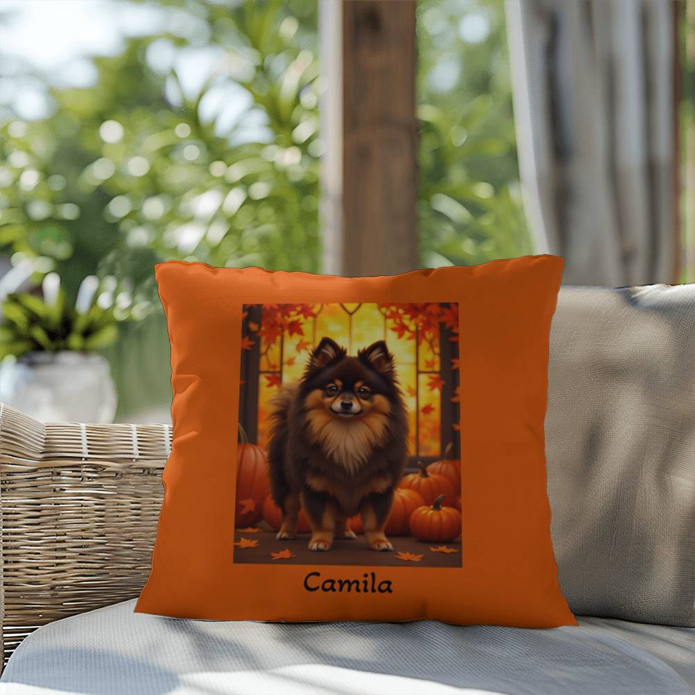 Chocolate and Tan Pomeranian indoor outdoor pillow, personalized dog cushion, pet decor gift