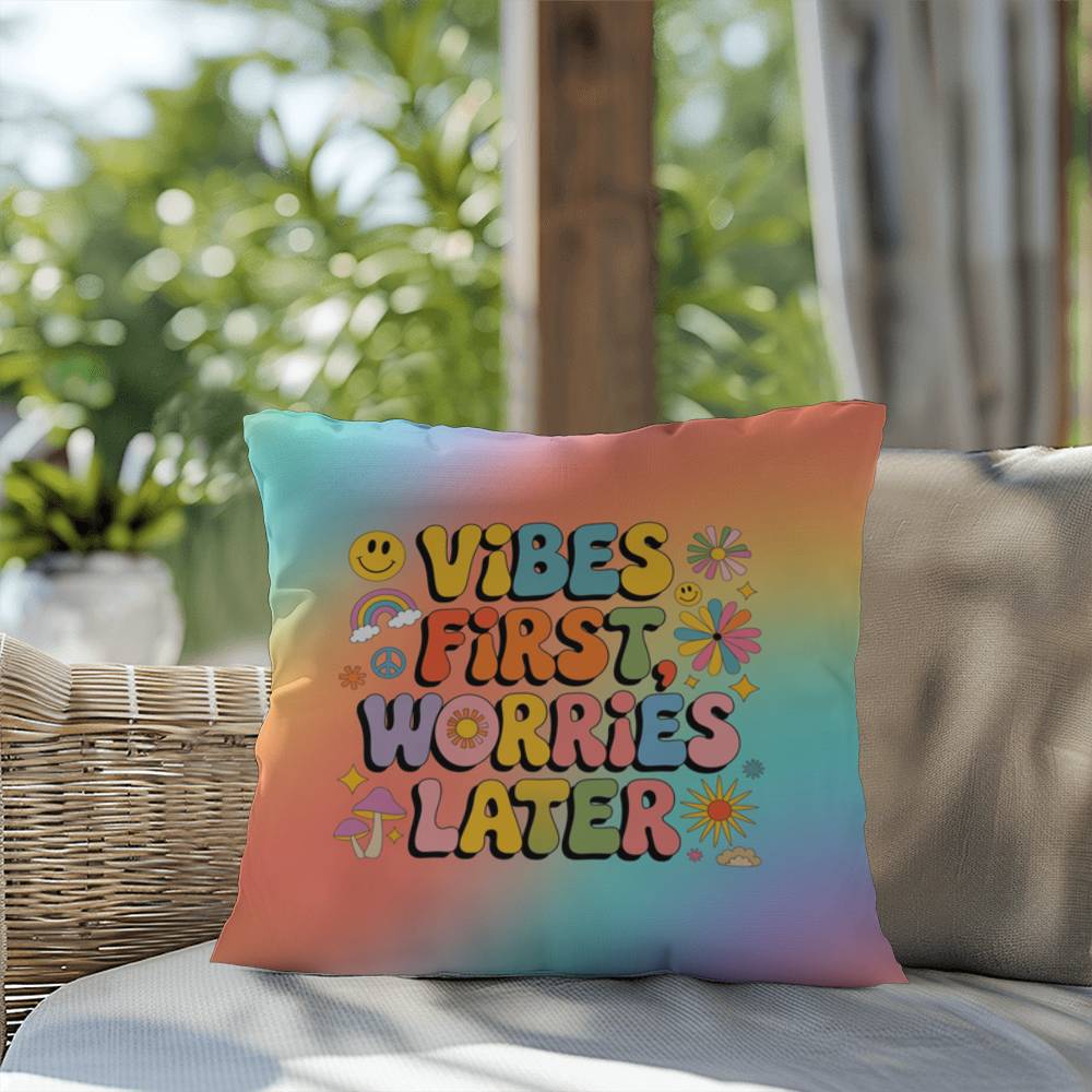 Groovy personalizable pillow with “Vibes First, Worries Later” in upbeat lettering and rainbow tones for peaceful home accents