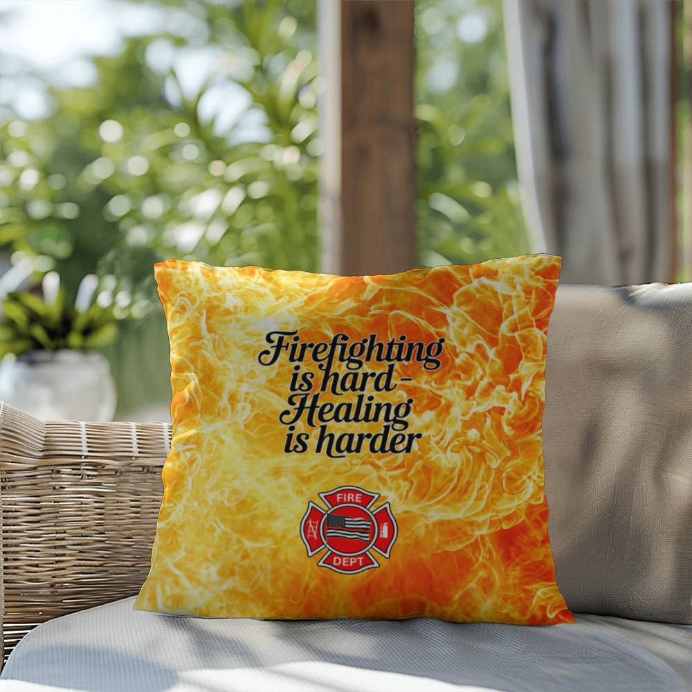 A pillow for first responders, acknowledging the difficulty of firefighting and the essential need for mental health support and healing.