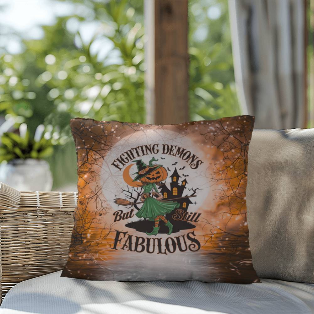 Halloween-themed indoor/outdoor throw pillow featuring “Fighting Demons” motivational message