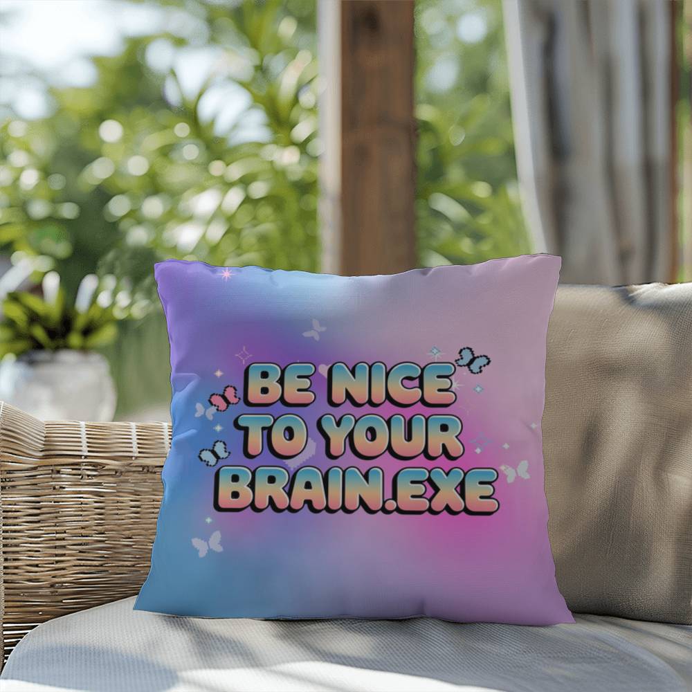 Personalized Y2K affirmation pillow with Be Nice to Your Brain.exe in retro font, accented with sparkles and pastel icons