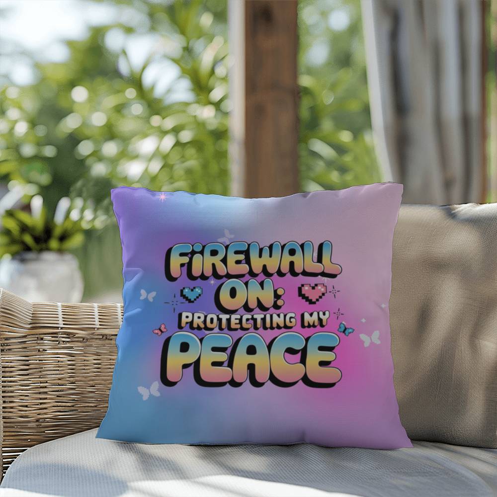 Firewall On: Protecting My Peace affirmation pillow with custom name, decorated with pastel digital elements for a Y2K aesthetic