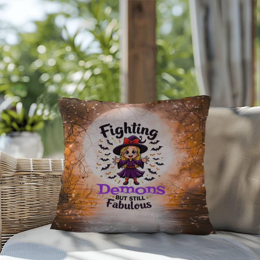 Halloween indoor/outdoor pillow with “Fighting Demons but still” for mental health and resilience