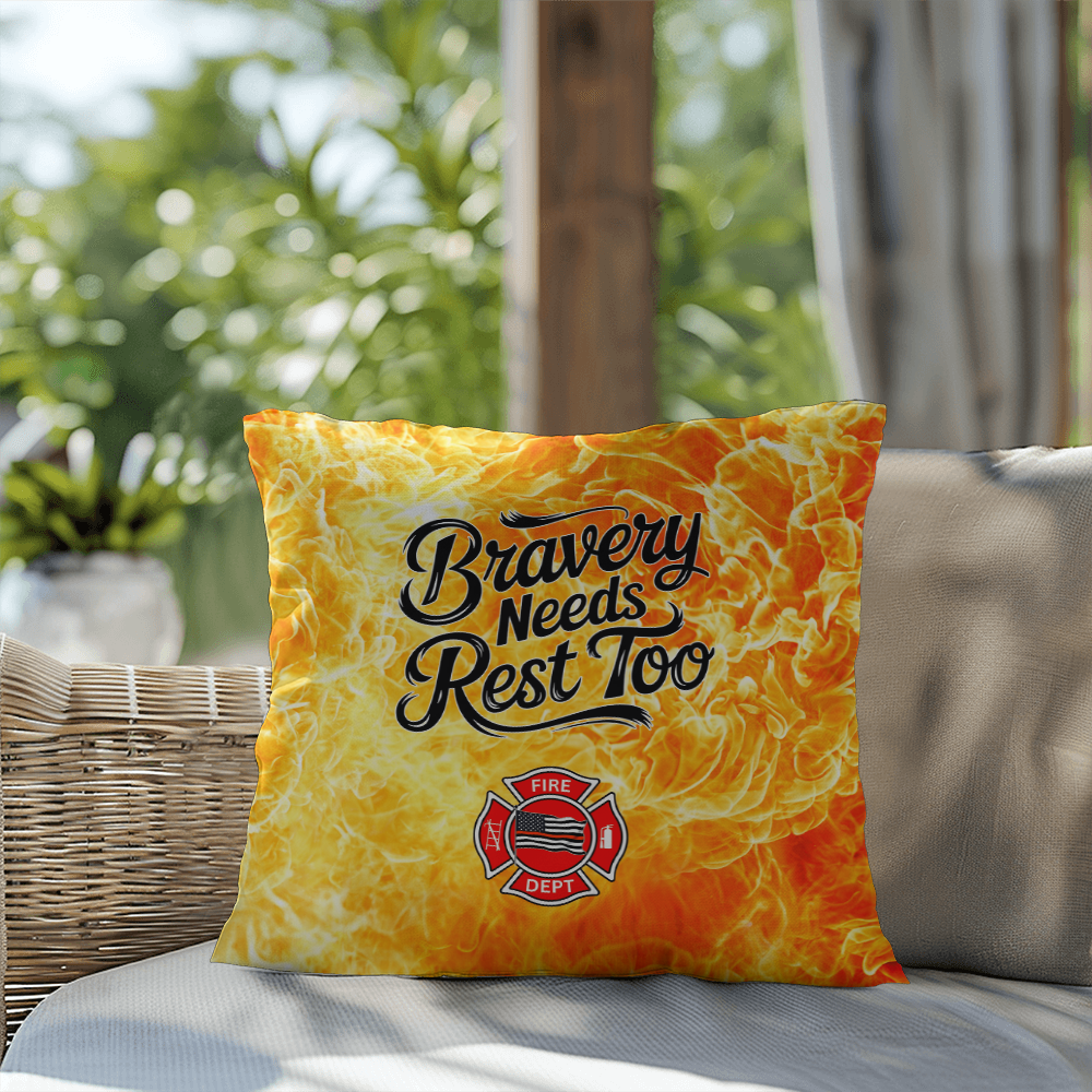 Custom pillow reminding first responders that bravery includes self-care and rest. Perfect for cozy spaces and mental health awareness.