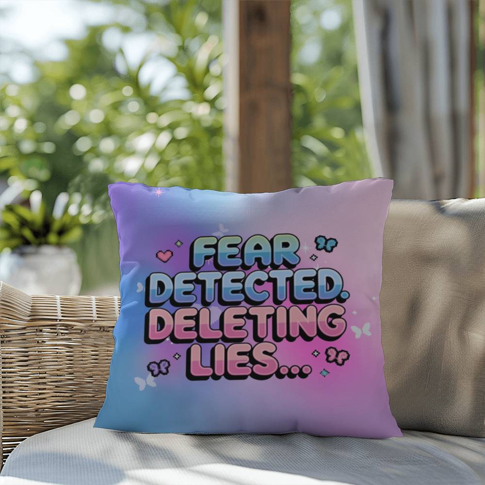 Mental health pillow with Fear Detected. Deleting Lies… in Y2K chrome text, personalized for unique therapy or dorm decor