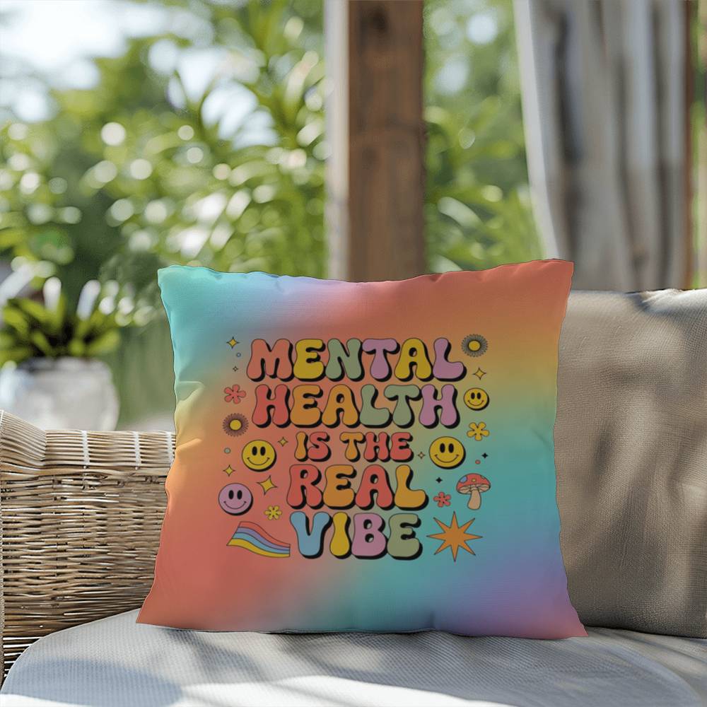 Custom retro pillow with “Mental Health Is the Real Vibe” in nostalgic script and color blend background for mental wellness advocates