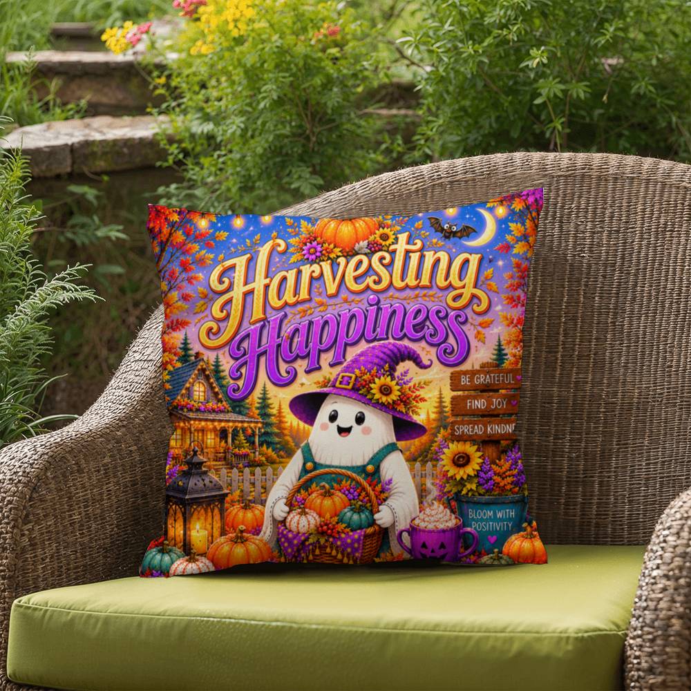 Harvesting Happiness quote with autumn harvest artwork on a Halloween throw pillow promoting gratitude