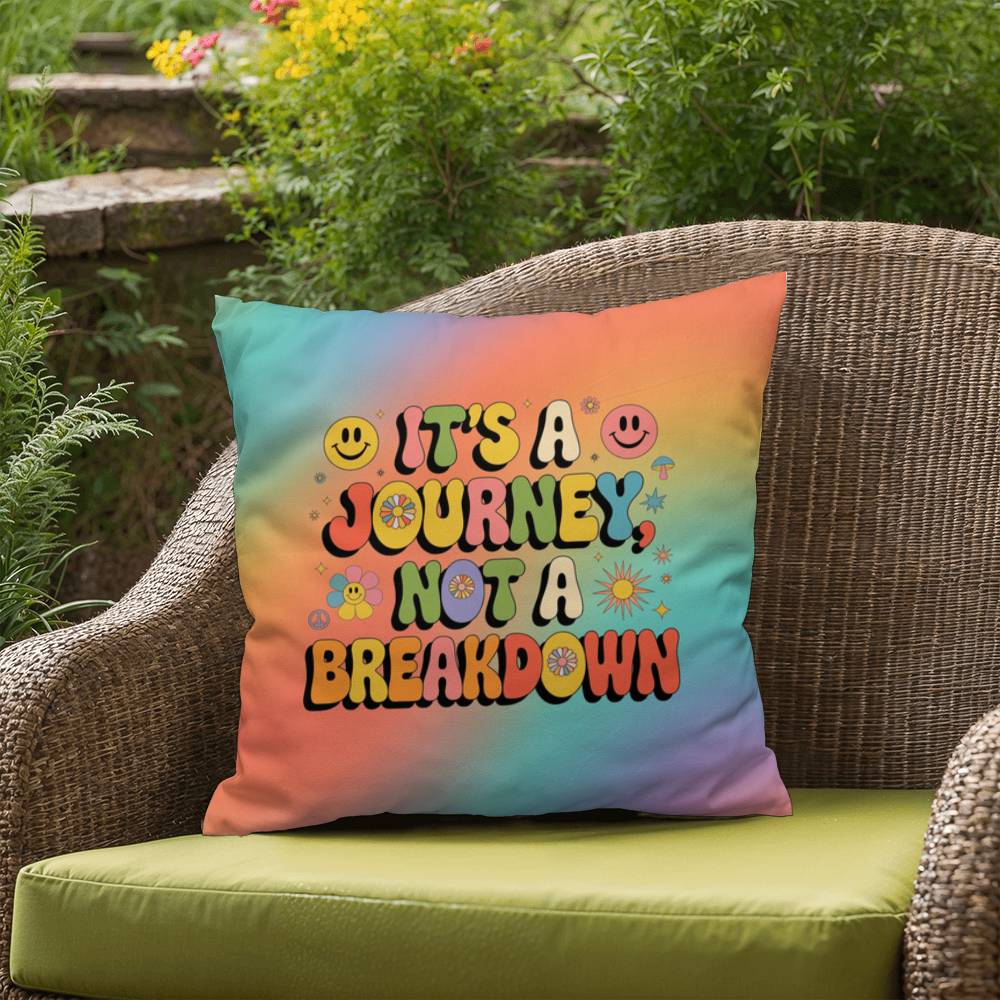 Retro-style pillow with “It’s a Journey, Not a Breakdown” text, customizable with a name, ideal for emotional support and daily reminders