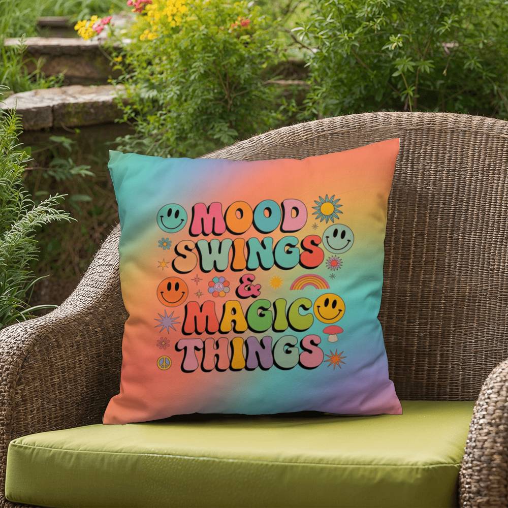 Custom affirmation pillow with “Mood Swings & Magic Things” in playful font and bright retro tones for whimsical emotional support