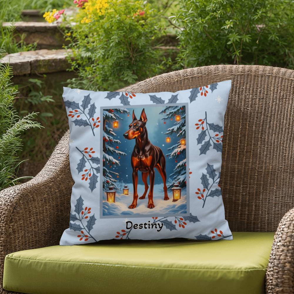 Doberman Red & Rust Pillow - Holiday Doberman throw pillow, festive winter dog decor, indoor cozy accent