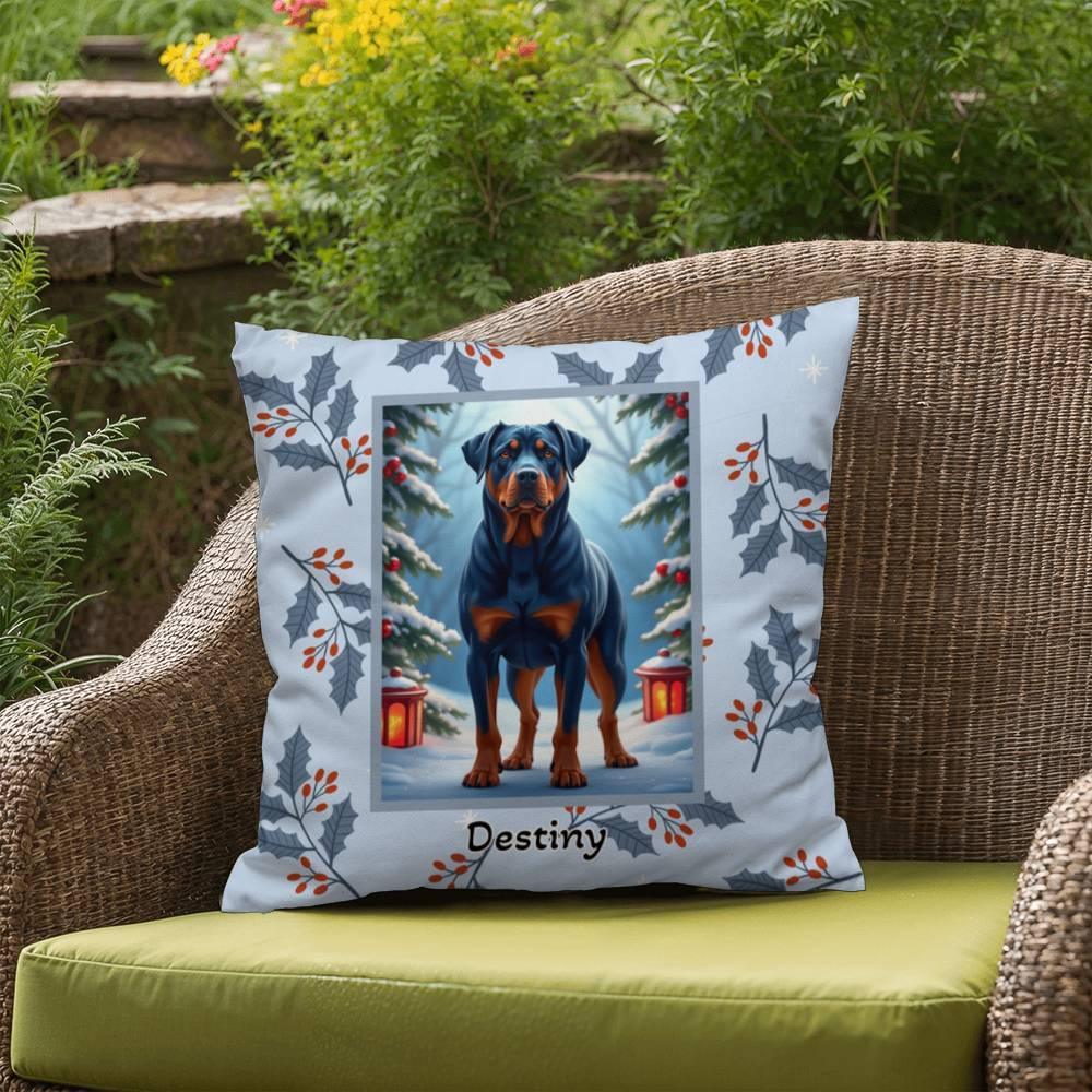 Shop our premium rottweiler blue winter throw pillow from MySisterIsASurvivor.