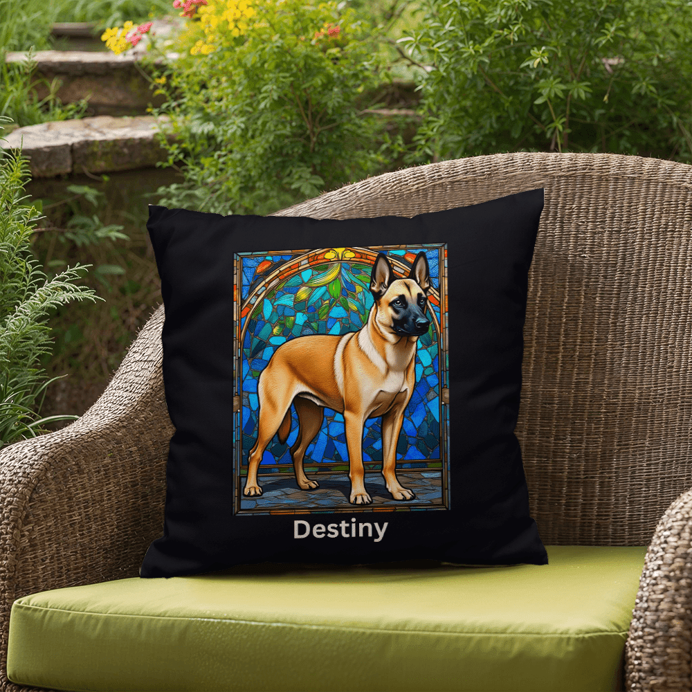 Cream Sable Belgian Malinois Pillow, personalized name stained glass art for cozy home décor
