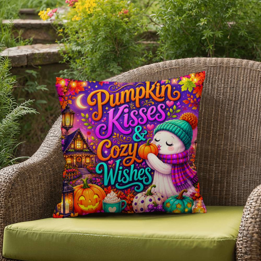 Pumpkin Kisses & Cozy Wishes saying with cute autumn artwork on a Halloween throw pillow