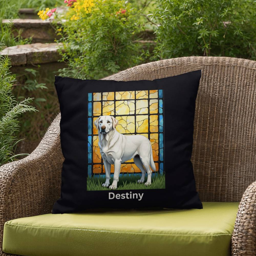 White Labrador Retriever Pillow, custom name stained glass dog décor for pet lovers