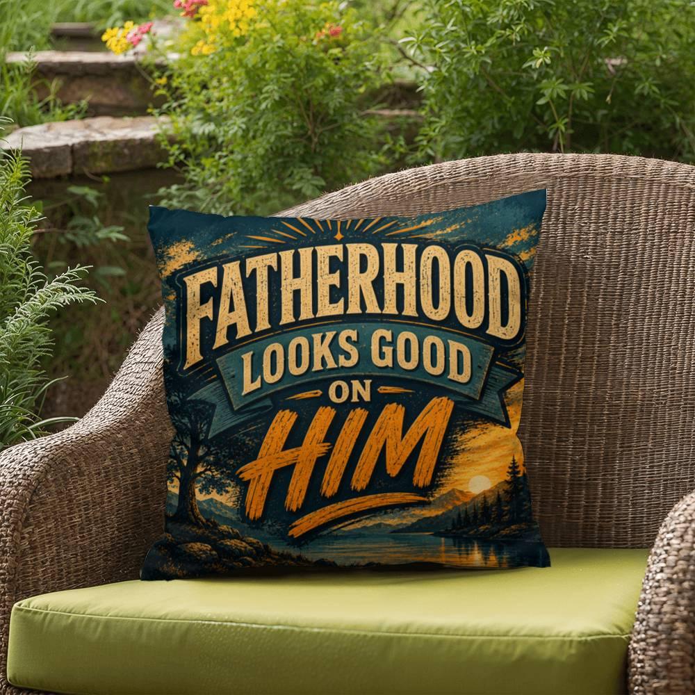 Shop our premium fatherhood looks good on him throw pillow from MySisterIsASurvivor.