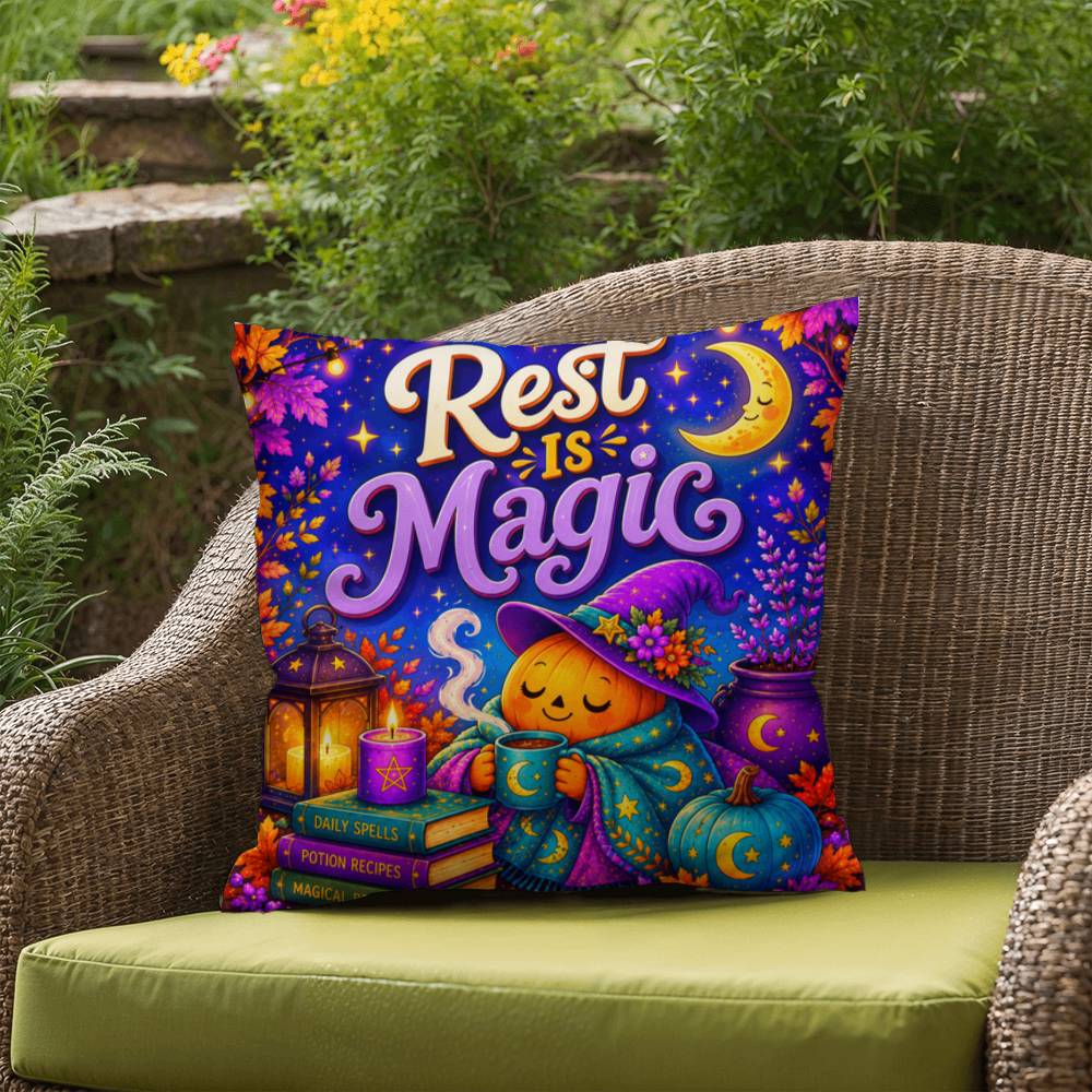 Rest Is Magic Halloween Throw Pillow - Self Care Pumpkin Witch Moon Pillow