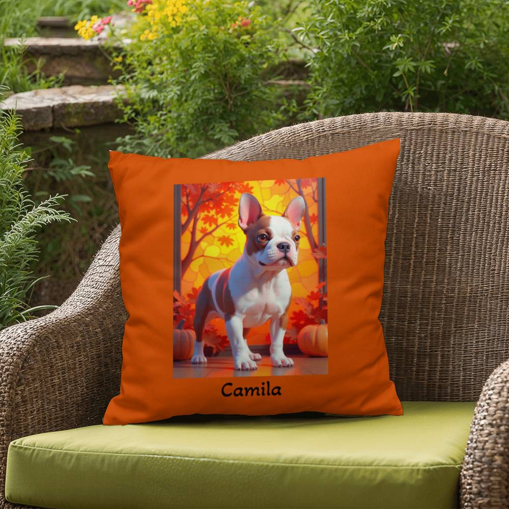 Red Pied French Bulldog pillow, personalized indoor outdoor dog cushion, custom Frenchie decor - MySisterIsASurvivor