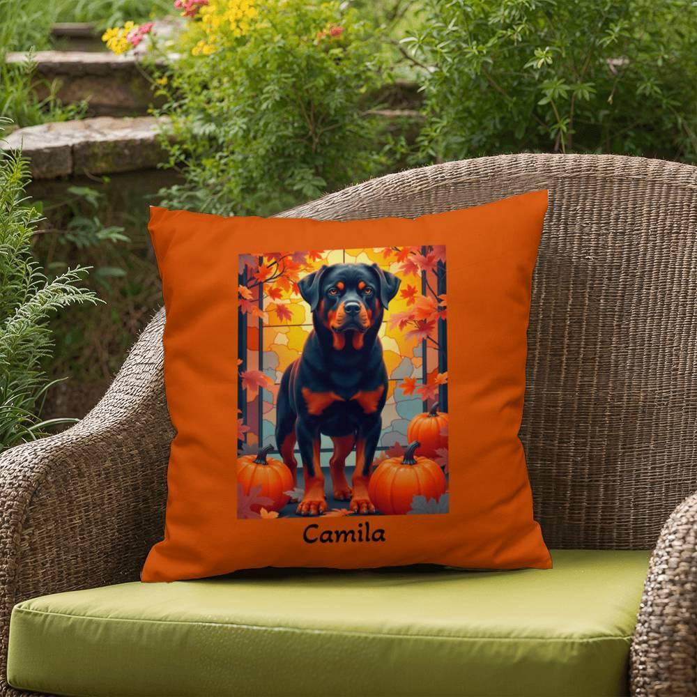 Shop our premium black and rust rottweiler indoor outdoor pillow from MySisterIsASurvivor.