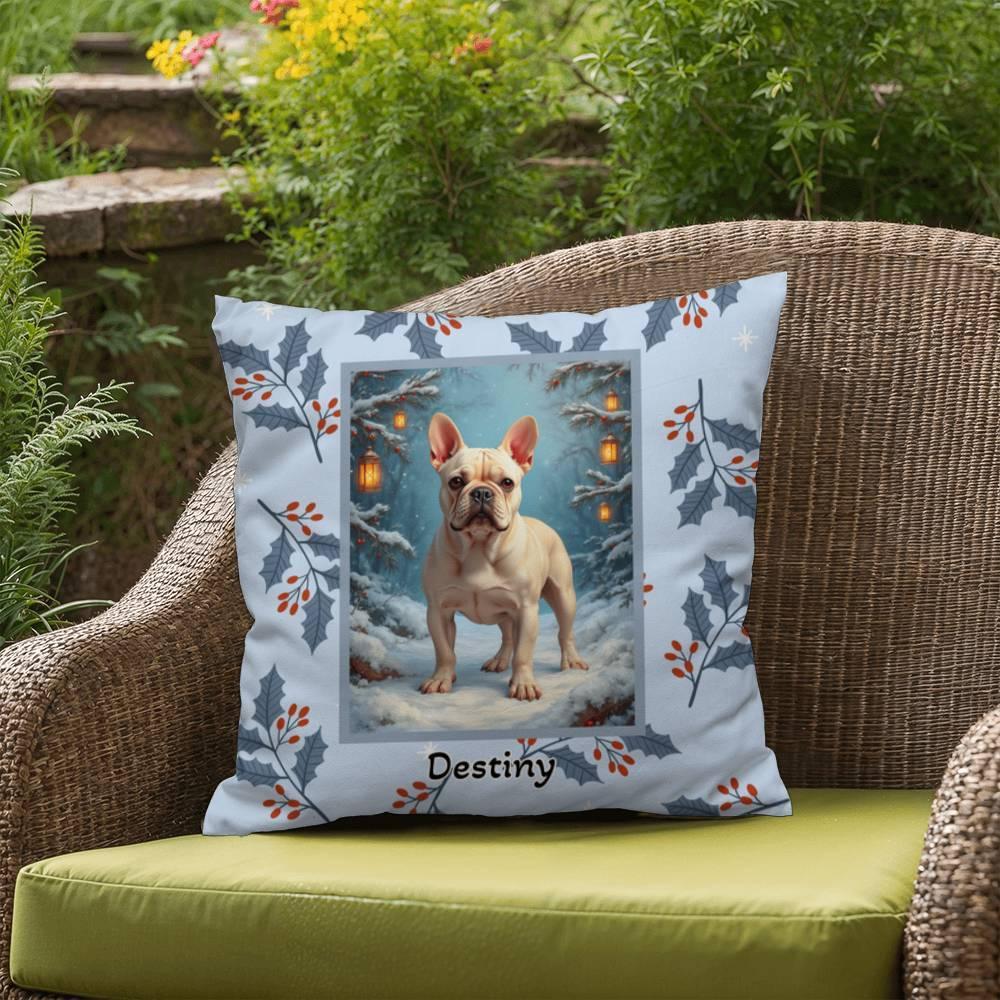 Shop our premium french bulldog cream winter throw pillow from MySisterIsASurvivor.