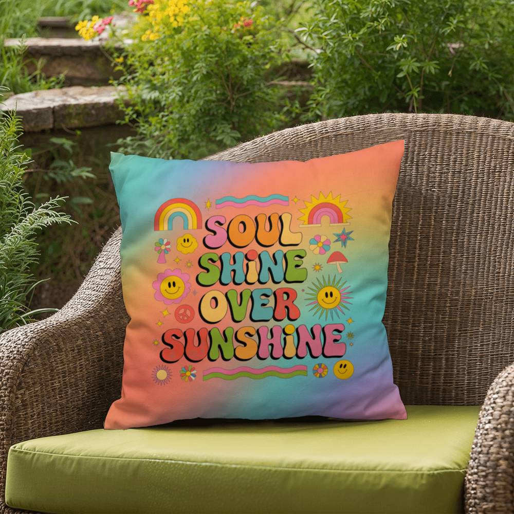 Soul Shine Over Sunshine indoor/outdoor pillow, retro comfort and colorful affirmation - MySisterIsASurvivor