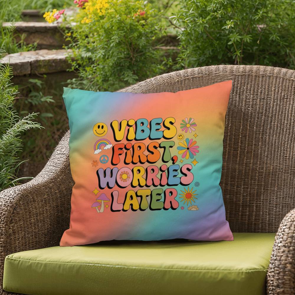 Groovy personalizable pillow with “Vibes First, Worries Later” in upbeat lettering and rainbow tones for peaceful home accents