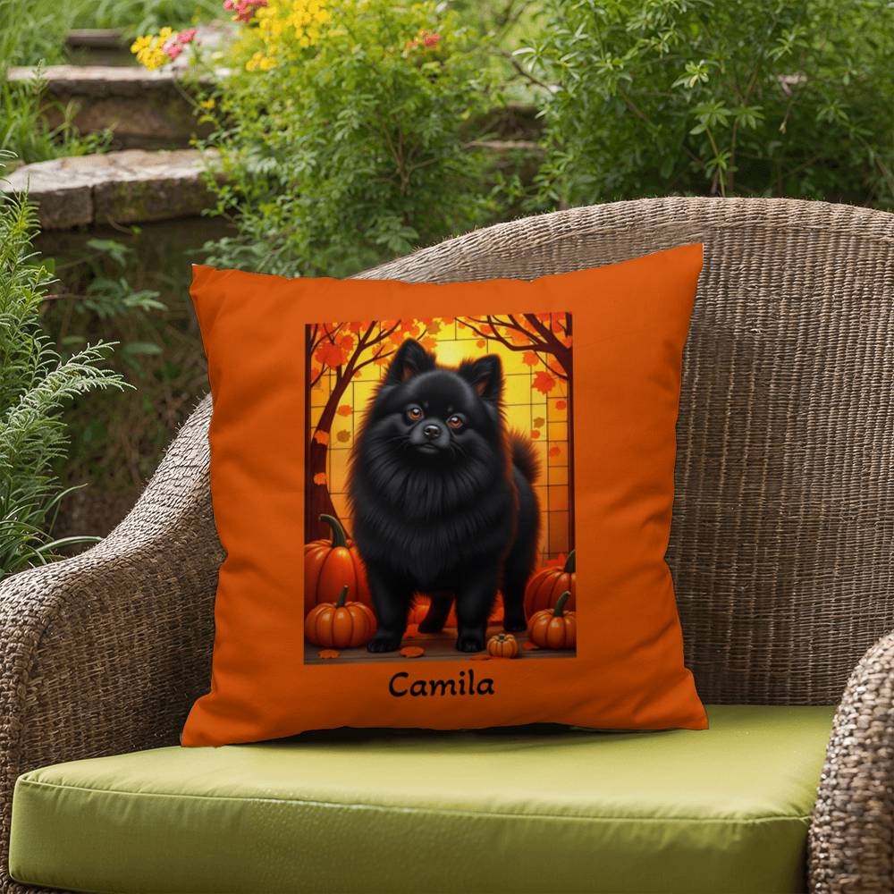 Black Pomeranian indoor outdoor pillow, custom dog cushion, cozy pet accent gift for dog lovers