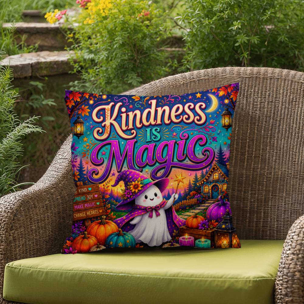 Kindness Is Magic quote with cheerful Halloween artwork on a positive decorative throw pillow