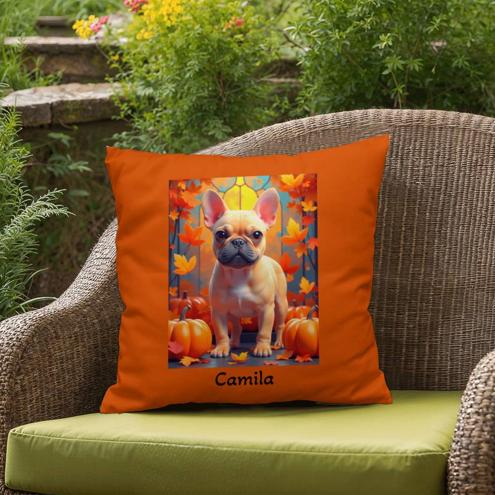 Fawn French Bulldog pillow, personalized indoor outdoor dog cushion, custom Frenchie accent - MySisterIsASurvivor