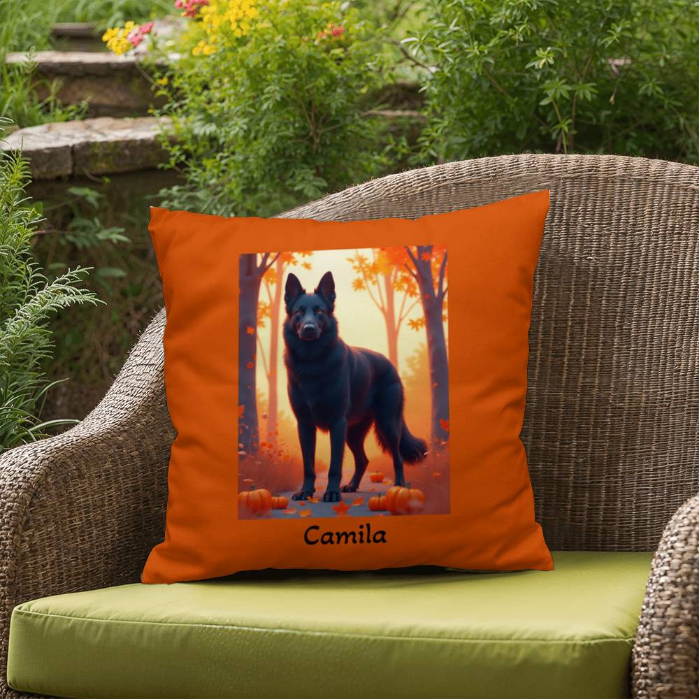 Black German Shepherd pillow, personalized indoor outdoor dog cushion, water-resistant GSD decor - MySisterIsASurvivor