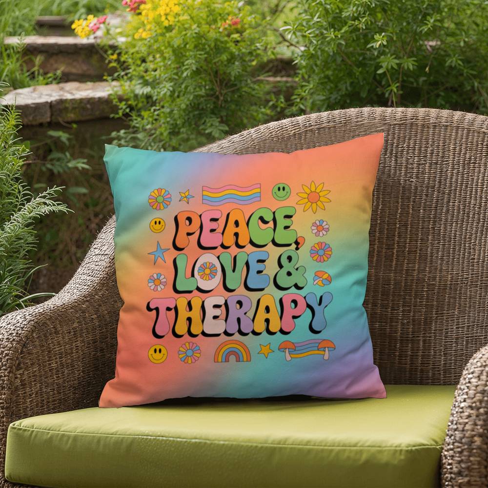 Custom 70s pillow with “Peace, Love & Therapy” in warm vintage colors, great for therapy rooms and healing conversations