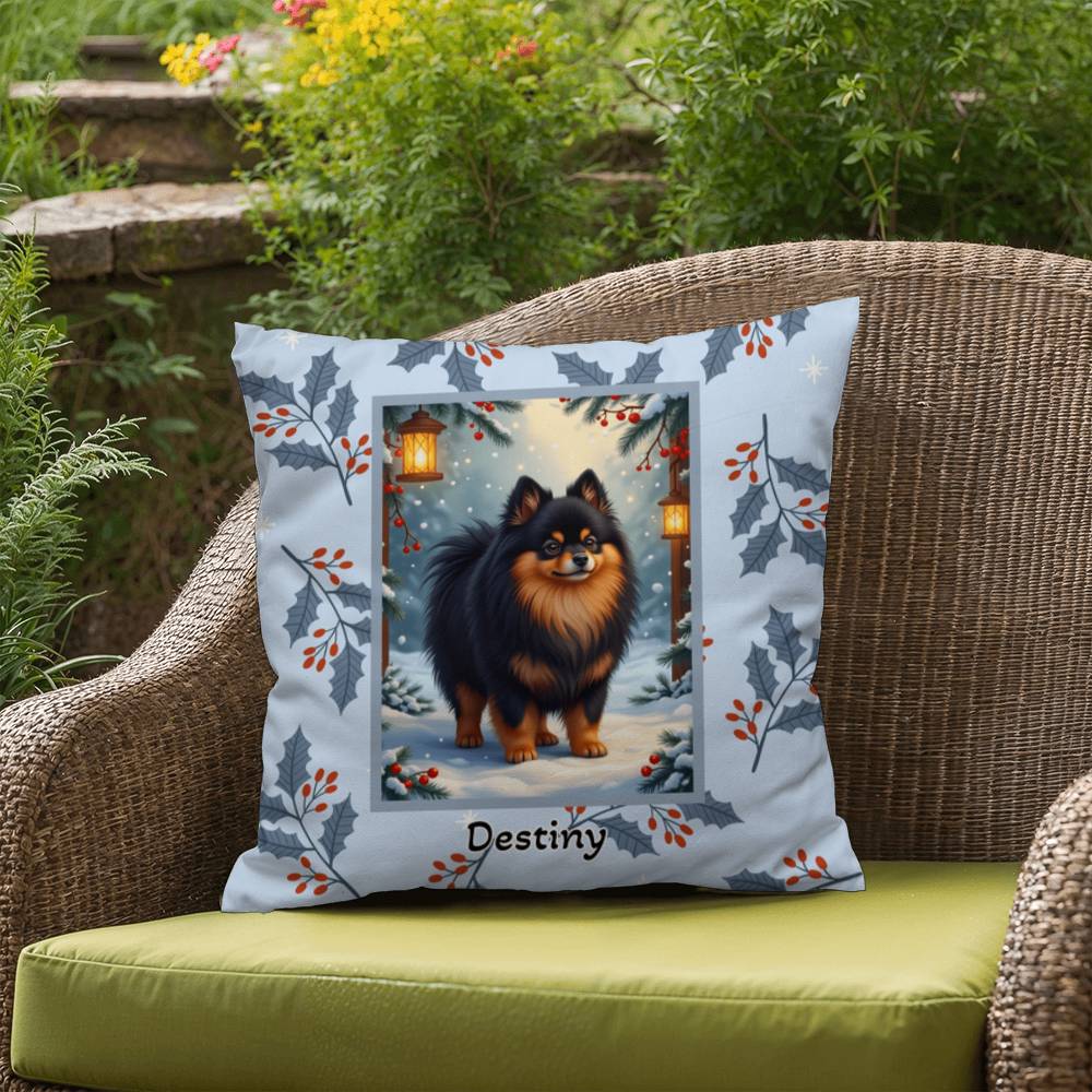 Pomeranian Black & Tan Pillow - Winter Pom throw pillow, festive dog accent, cozy indoor home decor