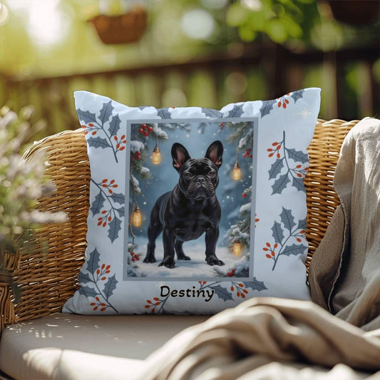 Shop our french bulldog black winter throw pillow featuring the 18" x 18" style option from MySisterIsASurvivor.