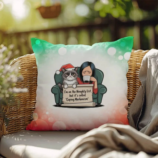 Shop our naughty list woman and cat indoor outdoor pillow featuring the 18" x 18" style option from MySisterIsASurvivor.