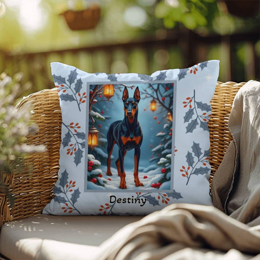 Shop our doberman blue rust winter throw pillow featuring the 18" x 18" style option from MySisterIsASurvivor.