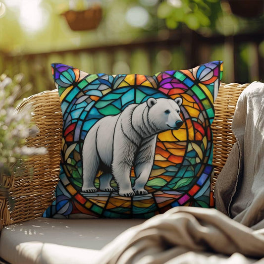 Shop our polar bear stained glass indoor outdoor pillow featuring the 18" x 18" style option from MySisterIsASurvivor.